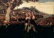 MOSTAERT, Jan Hilly River Landscape with St Christopher g oil painting on canvas